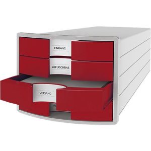Schubladenbox HAN Impuls 2.0, 4 Schubladen, Format A4, stapelbar, geschlossen,grau/rot