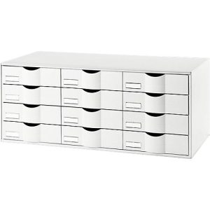 Schubladenbox Paperflow, Format A4, 12 Schübe mit geschlossener Front, Griffmulde & Etikettenhalter, Etiketten, B 857 x T 342 x H 350 mm, PS, weiß