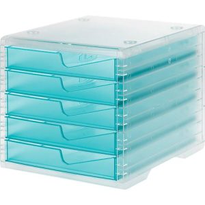 Schubladenbox styro® styroswing light, 5 Schübe, Auszugsperre & Griffmulde, stapelbar, B 270 x T 340 x H 255 mm, Polystyrol, transparent-aqua