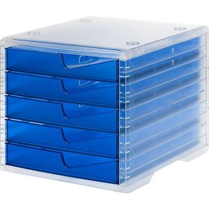 Schubladenbox styro® styroswing light, 5 Schübe, Auszugsperre & Griffmulde, stapelbar, B 270 x T 340 x H 255 mm, Polystyrol, transparent-blau