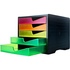 Schubladenbox styro® styroswing NEONline, 5 Schübe, Auszugsperre & Griffmulde, stapelbar, B 270 x T 340 x H 255 mm, Polystyrol, schwarz-multicolor