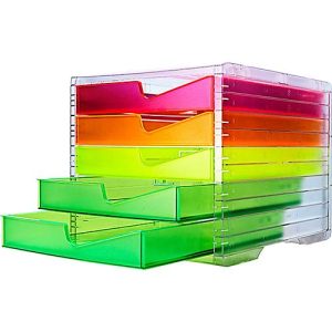 Schubladenbox styro® styroswing NEONline, 5 Schübe, Auszugsperre & Griffmulde, stapelbar, B 270 x T 340 x H 255 mm, Polystyrol, transparent-multicolor