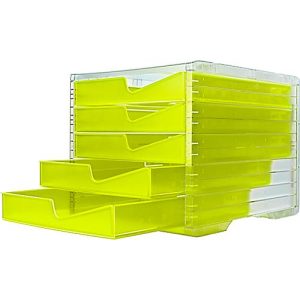 Schubladenbox styro® styroswing NEONline, 5 Schübe, Auszugsperre & Griffmulde, stapelbar, B 270 x T 340 x H 255 mm, Polystyrol, transparent-neongelb