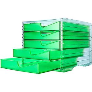 Schubladenbox styro® styroswing NEONline, 5 Schübe, Auszugsperre & Griffmulde, stapelbar, B 270 x T 340 x H 255 mm, Polystyrol, transparent-neongrün