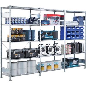Schulte Lagertechnik Fachbodenregal, 1 Grundregal + 2 Anbauregale, inkl. 15 Fachböden, 5 Lagerebenen, B 3072 x T 300 x H 2000 mm, Stahl, grau