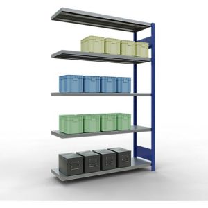 SCHULTE Lagertechnik Fachbodenregal – Stecksystem MULTIplus 250, Anbauregal, Längenriegel, 2000x1300x400 mm, 5 Böden, enzianblau/verzinkt