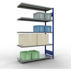 SCHULTE Lagertechnik Fachbodenregal – Stecksystem MULTIplus 250, Anbauregal, Längenriegel, 2000x1300x500 mm, 5 Böden, enzianblau/verzinkt