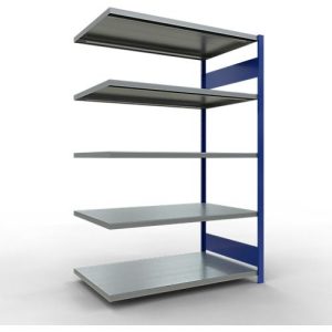 SCHULTE Lagertechnik Fachbodenregal – Stecksystem MULTIplus 250, Anbauregal, Längenriegel, 2000x1300x800 mm, 5 Böden, enzianblau/verzinkt