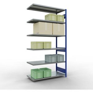 SCHULTE Lagertechnik Fachbodenregal – Stecksystem MULTIplus 250, Anbauregal, Längenriegel, 2500x1300x600 mm, 6 Böden, enzianblau/verzinkt