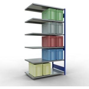 SCHULTE Lagertechnik Fachbodenregal – Stecksystem MULTIplus 250, Anbauregal, Längenriegel, 2500x1300x800 mm, 6 Böden, enzianblau/verzinkt