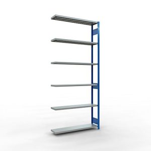 SCHULTE Lagertechnik Fachbodenregal – Stecksystem MULTIplus 250, Anbauregal, Längenriegel, 3000x1300x300 mm, 7 Böden, enzianblau/verzinkt