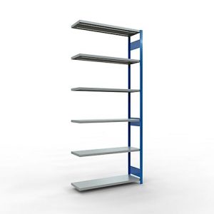 SCHULTE Lagertechnik Fachbodenregal – Stecksystem MULTIplus 250, Anbauregal, Längenriegel, 3000x1300x400 mm, 7 Böden, enzianblau/verzinkt
