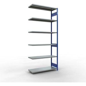 SCHULTE Lagertechnik Fachbodenregal – Stecksystem MULTIplus 250, Anbauregal, Längenriegel, 3000x1300x500 mm, 7 Böden, enzianblau/verzinkt