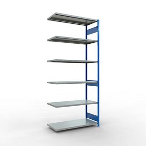 SCHULTE Lagertechnik Fachbodenregal – Stecksystem MULTIplus 250, Anbauregal, Längenriegel, 3000x1300x600 mm, 7 Böden, enzianblau/verzinkt