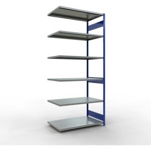 SCHULTE Lagertechnik Fachbodenregal – Stecksystem MULTIplus 250, Anbauregal, Längenriegel, 3000x1300x800 mm, 7 Böden, enzianblau/verzinkt