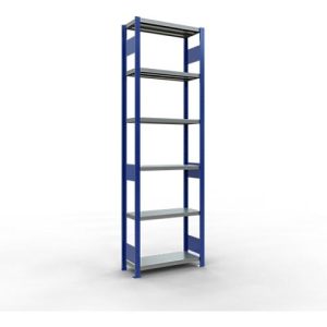 Schulte Lagertechnik Fachbodenregal-Stecksystem MULTIplus 250, Grundregal, Längenriegel, 2500x750x300 mm, 6 Böden, enzianblau/verzinkt