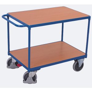 Schwerer Tischwagen, Stahl/MDF-Platte, Enzianblau/Buche-Dekor, 2 Etagen, L 850 x B 500 mm, TPE-Rollen mit EasySTOP, bis 400 kg