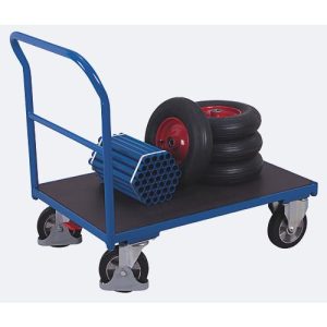 Schwerlastwagen, Stahl/Siebdruckplatte, Enzianblau/Dunkelbraun, L 2025 x B 800 mm, mit Querstrebe, Vollgummi-Rollen mit EasySTOP, bis 1000 kg