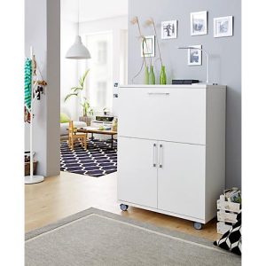 Sekretär, ideal für das Home Office, ausklappbare Schreibfläche, 2 Fächer hinter Flügeltüren, Lenkrollen, Holz, B 900 x T 450 x H 1200 mm, weiß/weiß