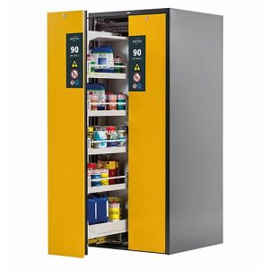 Sicherheitsschrank Typ 90 asecos V-MOVE-90, Vertikalauszüge mit Schließ-Automatik, Front Sicherheitsgelb, B 819 x T 860 x H 1966 mm