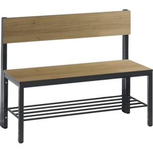 Sitzbank Basic Plus, 1-seitig, Rückenlehne, mit Schuhrost, 4-Fußgestell schwarzgrau RAL 7021, B 1000 mm, Dekor Eiche Ser.