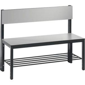 Sitzbank Basic Plus, 1-seitig, Rückenlehne, mit Schuhrost, 4-Fußgestell schwarzgrau RAL 7021, B 1000 mm, Dekor silbergrau