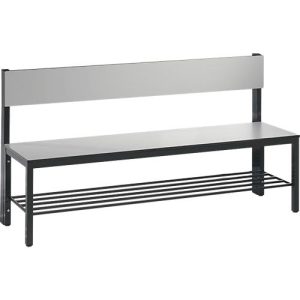 Sitzbank Basic Plus, 1-seitig, Rückenlehne, mit Schuhrost, 4-Fußgestell schwarzgrau RAL 7021, B 1500 mm, Dekor silbergrau