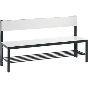 Sitzbank Basic Plus, 1-seitig, Rückenlehne, mit Schuhrost, 4-Fußgestell schwarzgrau RAL 7021, B 1500 mm, Dekor weiß