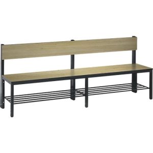 Sitzbank Basic Plus, 1-seitig, Rückenlehne, mit Schuhrost, 4-Fußgestell schwarzgrau RAL 7021, B 1960 mm, Dekor Eiche Ser.