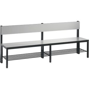Sitzbank Basic Plus, 1-seitig, Rückenlehne, mit Schuhrost, 4-Fußgestell schwarzgrau RAL 7021, B 1960 mm, Dekor silbergrau