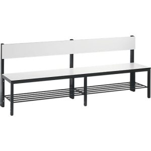 Sitzbank Basic Plus, 1-seitig, Rückenlehne, mit Schuhrost, 4-Fußgestell schwarzgrau RAL 7021, B 1960 mm, Dekor weiß