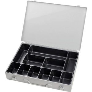 Sortimentskoffer ADB, leer, 11-fache Einteilung, abschließbar, mit Griff, B 330 x T 230 x H 50 mm, Stahl & ABS-Kunststoff, lichtgrau RAL 7035