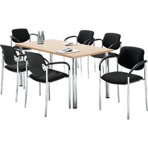 Sparset Besucherstühle, stapelbar, Bezugstoff schwarz, Sitzmaße B 450 x T 460 x H 470 mm, 6 Stück + Tisch, Ahorn-Dekor, B 1600 x T 800 mm