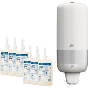 Sparset Seifenspender TORK® für Flüssigseife u. Desinfektionsgel, abschließbar, inkl. 6 l TORK® Premium Flüssigseife