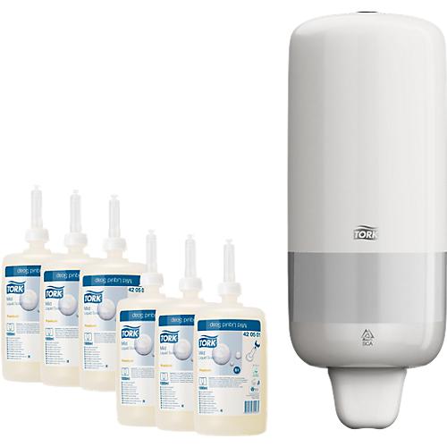 Sparset Seifenspender TORK® für Flüssigseife u. Desinfektionsgel, abschließbar, inkl. 6 l TORK® Premium Flüssigseife
