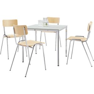 Sparset Stapelstühle, Buchenholz, Sitzmaße B 452 x T 500 x H 803 mm, 4 Stück + Konferenztisch, lichtgrau, B 800 x T 800 x H 720 mm