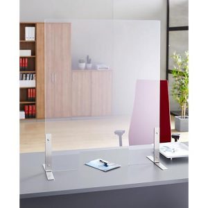 Spuckschutz, Kunststoff, klar-transparent, Stärke 4 mm, B 1200 x H 800 mm, mit Durchreiche & Edelstahl-Füßen