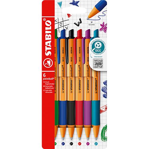 STABILO® Kugelschreiber pointball, Druckmechanik, dokumentenecht, Strichstärke 0,5 mm, farbsortiert, 6er-Set