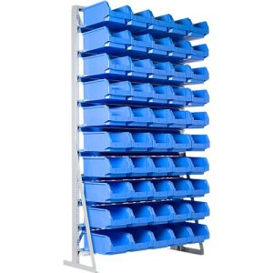Ständerregal, 1-seitig bestückbar, 10 Reihen, inkl. 50 x Sichtlagerkästen Serie LF 321, B 1145 x T 400 x H 1950 mm, Stahl, grau