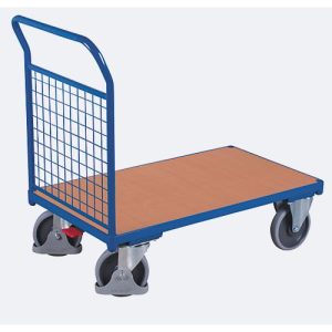 Stirnwandwagen, Stahl/MDF-Platte, Enzianblau/Buche-Dekor, L 1230 x B 800 mm, Stirnwand aus Drahtgitter, TPE-Rollen mit EasySTOP, bis 500 kg