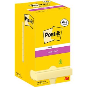 Super Sticky Post-it 654-SSCY-P8+4, 8 Blöcke, 90 Blatt je Block, je 76 x 76 mm, PEFC-zertifiziert, cellophanfrei verpackt, gelb + 4 Blöcke gratis