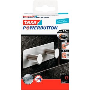 tesa Powerbutton Hakenleiste Classic, Edelstahl, 2 oder 3 Haken, hält bis max. 12 kg, 2 Haken
