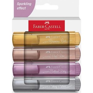 Textmarker Faber-Castell TL 46 Metallic, 3 Strichstärken: 1/2/5 mm, Tinte auf Wasserbasis, im 4er EtuiKarton, farbsortiert Gold, Silber, Rubin und Rose