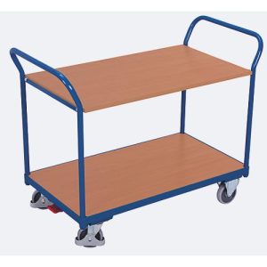 Tischwagen, Stahl/MDF-Platte, Enzianblau/Buche-Dekor, 2 Etagen, L 1000 x B 600 mm, TPE-Rollen mit EasySTOP, bis 200 kg