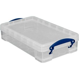 Transportbox Really Useful Box, Volumen 4 l, L 395 x B 255 x H 85 mm, stapelbar, mit Deckel & Klappgriffen, Recycling-PP, transparent