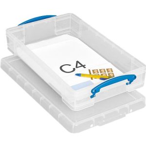 Transportbox Really Useful Box, Volumen 6 l, L 465 x B 270 x H 85 mm, stapelbar, mit Deckel & Klappgriffen, Recycling-PP, transparent
