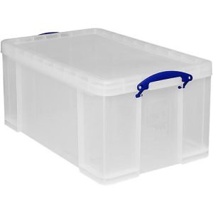 Transportbox Really Useful Box, Volumen 64 l, L 710 x B 440 x H 310 mm, stapelbar, mit Deckel & Klappgriffen, Recycling-PP, transparent
