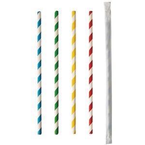 Trinkhalme Papstar Stripes, Einweg, L 200 x Ø 6 mm, einzeln umhüllt, aus FSC®-zertifiziertem Papier, farbsortiert, 100 Stück