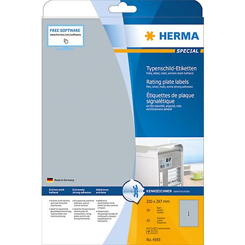 Typenschild Etiketten Herma, A4, 210 x 297 mm, selbstklebend & wetterfest, silber, 10 Stück