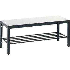 Umkleidebank Basic Plus, für Feuchträume, ohne Rückenlehne, 4-Fußgestell schwarzgrau RAL 7021, mit Schuhrost, B 1000 mm, Dekor weiß